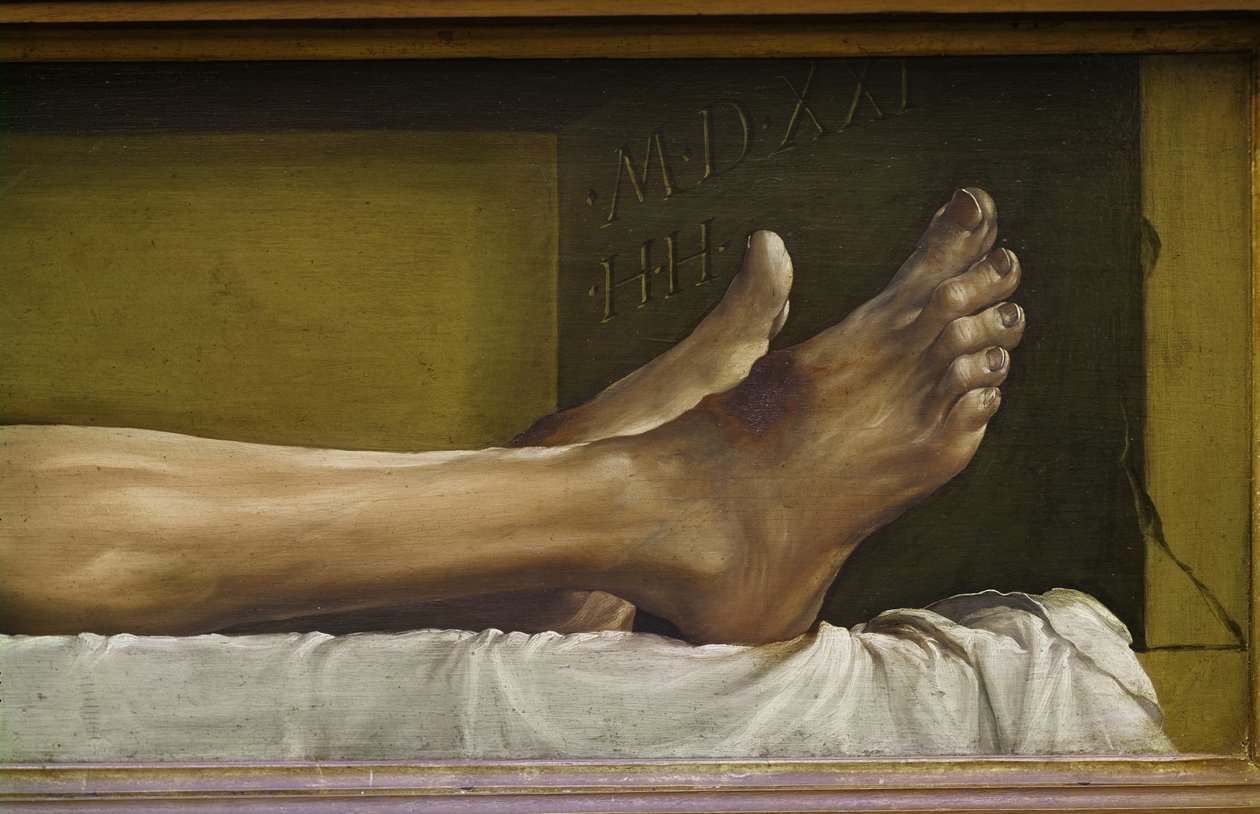 The Body of the Dead Christ, detalj av fötterna och signatur och datum för verket, 1521 tempera på limewood av Hans Holbein der Jüngere
