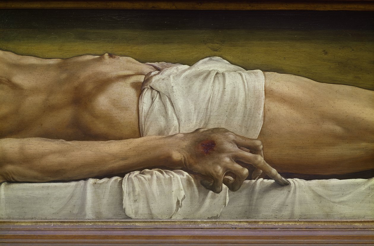 The Body of the Dead Christ, detalj av handen, 1521 tempera på limewood av Hans Holbein der Jüngere