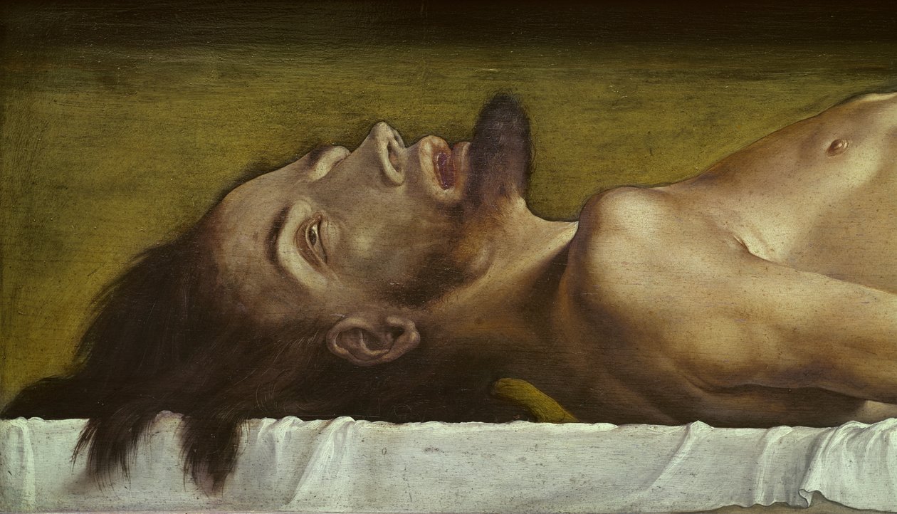 The Body of the Dead Christ, detalj av huvudet, 1521 tempera på limewood av Hans Holbein der Jüngere