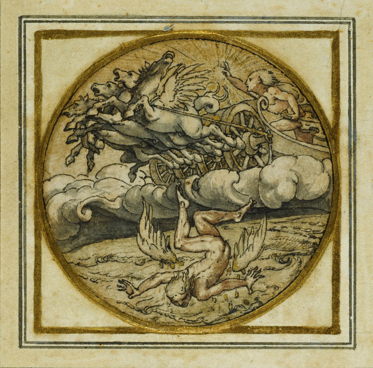 The Fall of Icarus - Design för ett hänge eller hattmärke, c.1532-43 (penna och bläck på papper) av Hans Holbein der Jüngere