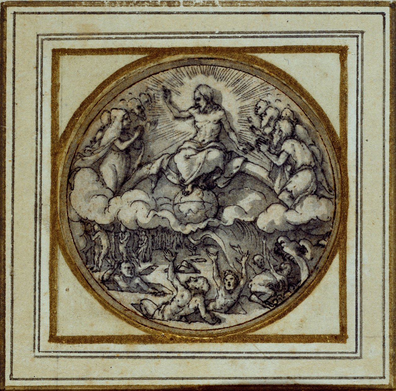 The Last Judgment - Design för ett hänge eller hattmärke, c.1532-43 (penna och bläck på papper) av Hans Holbein der Jüngere