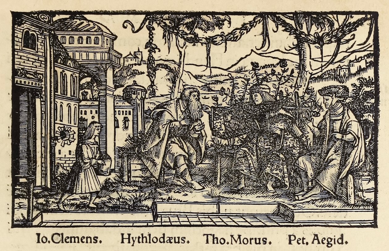 Träsnitt från 1518 tredje upplagan av "Utopia" av Sir Thomas More (1478-1535) publicerad i Basel som visar författaren samtala med huvudpersonen Raphael Hythloday om det ideala samhället han hittade på ön Utopia. Träsnitt av Hans Holbein den yngre av Hans Holbein der Jüngere