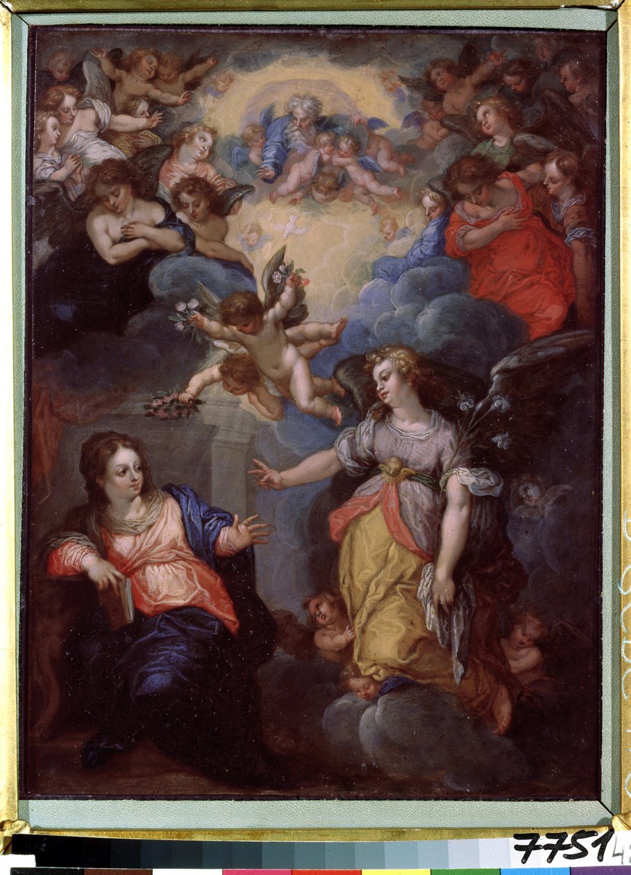 Bebådelsen. Målning av Hans Rottenhammer Ljumsken (1564-1625). Olja på koppar, 37 x 21 cm. Tysk konst, mannerism. Statens museum för utländsk konst i Republiken Lettland, Riga (Lettland). av Hans I or Johann Rottenhammer