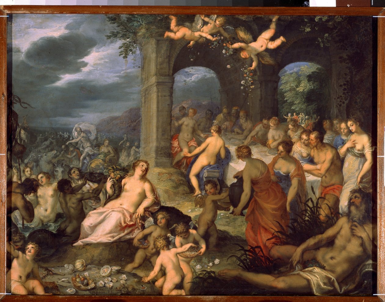 Gudarnas högtid, Peleus och Thetis äktenskap. Till vänster, Merin-gudomar (salamandrar och naider). I mitten, jordgudinnan Tellus Mater (eller Terra Mater eller Gaia) med ett abonhorn av Hans I or Johann Rottenhammer