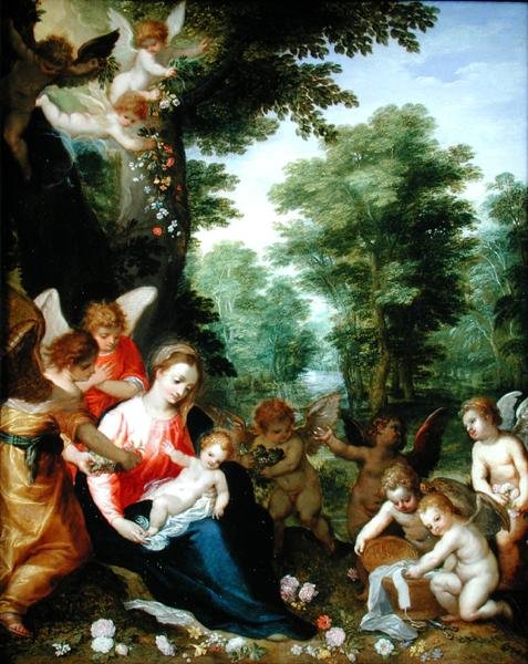 Madonna och barn med änglar i ett landskap (olja på koppar) av Hans I or Johann Rottenhammer