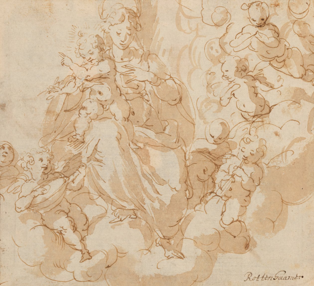 Recto: Jungfrun och barnet sittande på moln, omgiven av putti av Hans I or Johann Rottenhammer