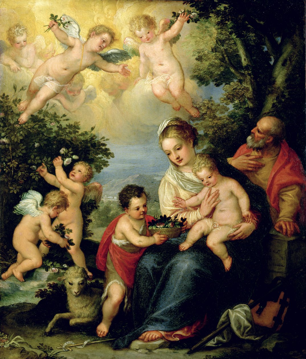 The Holy Family with St. John the Baptist and Flower Dispensing Angels, (oil on copper) av Hans I or Johann Rottenhammer