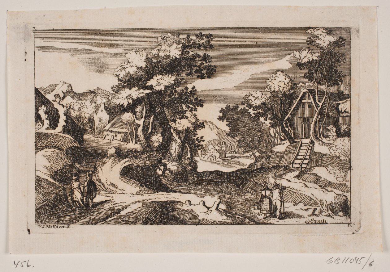 Kuperat landskap med bondgårdar. Framför en mjölkpiga och en bonde med en hötjuv av Hans Jørgen Kirksteen