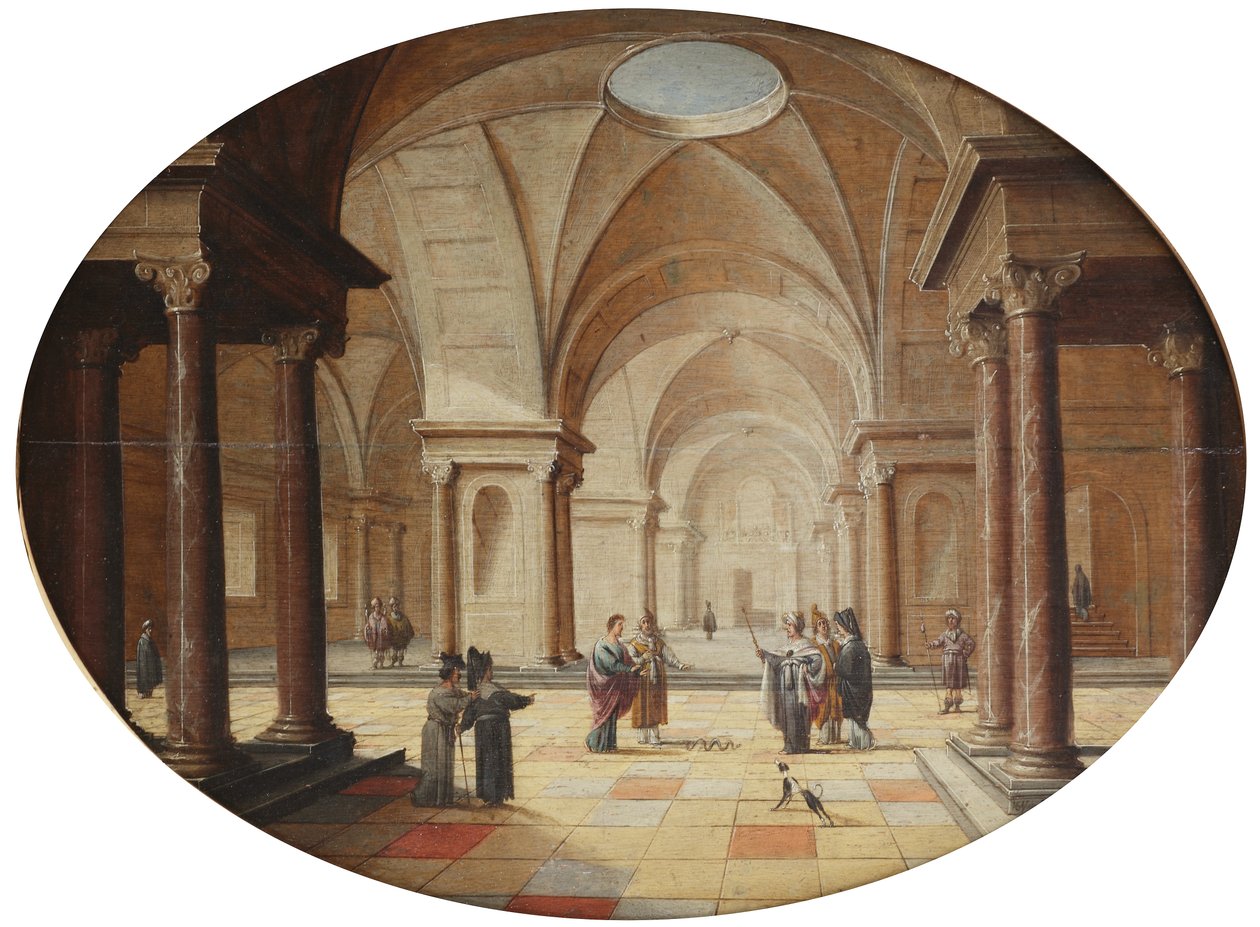 En klassisk palatsinteriör med Moses som förvandlar faraos spira till en orm (olja på panel) av Hans Juriaensz. van Baden