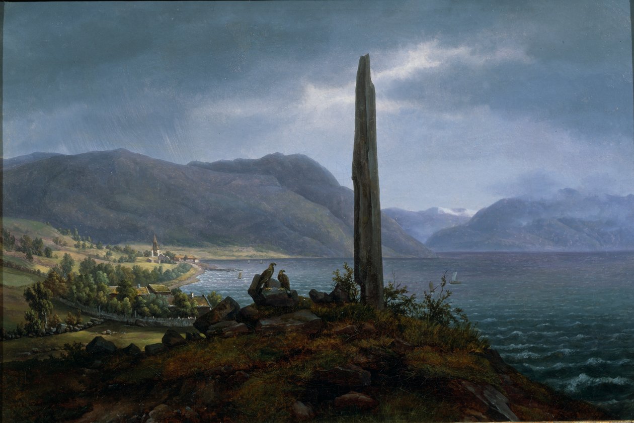 Frithjofs minnessten på Leikanger vid Balestrand i Snart (olja på duk) av Hans Leganger Reusch