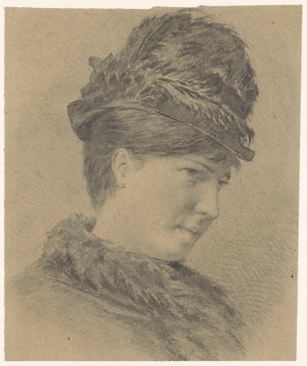 Porträtt av en ung kvinna med en hatt med fjädrar av Hans Makart (possibly)