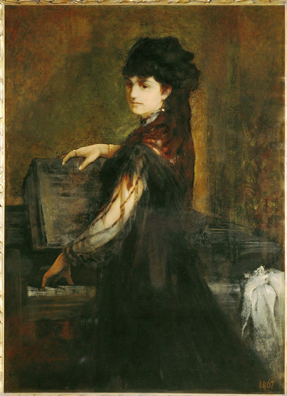 Amalie Makart, född Rothmayr, konstnärens första hustru, vid pianot ... (målning på duk) av Hans Makart