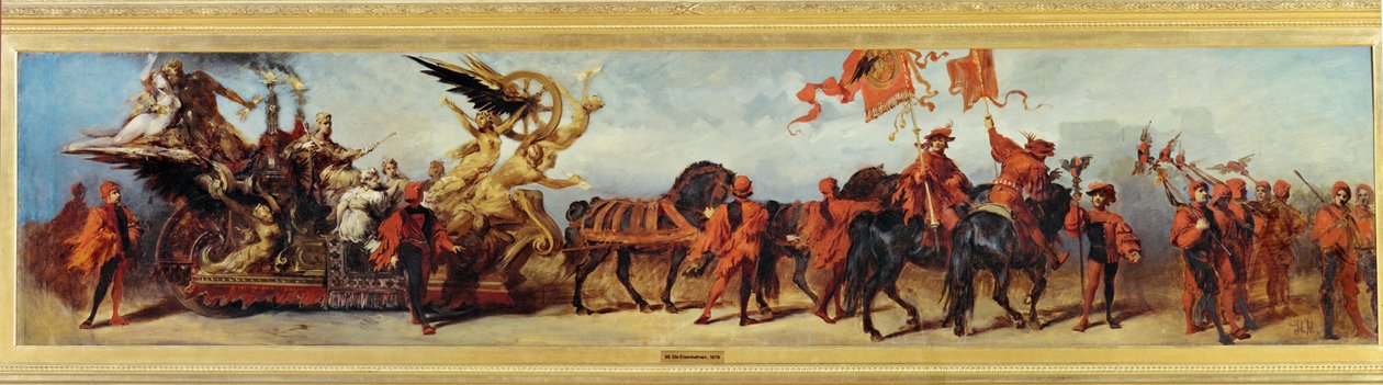 Die Eisenbahnen - Järnvägarna, skiss till jubileumsprocessionen 1879 ... (målning på duk) av Hans Makart