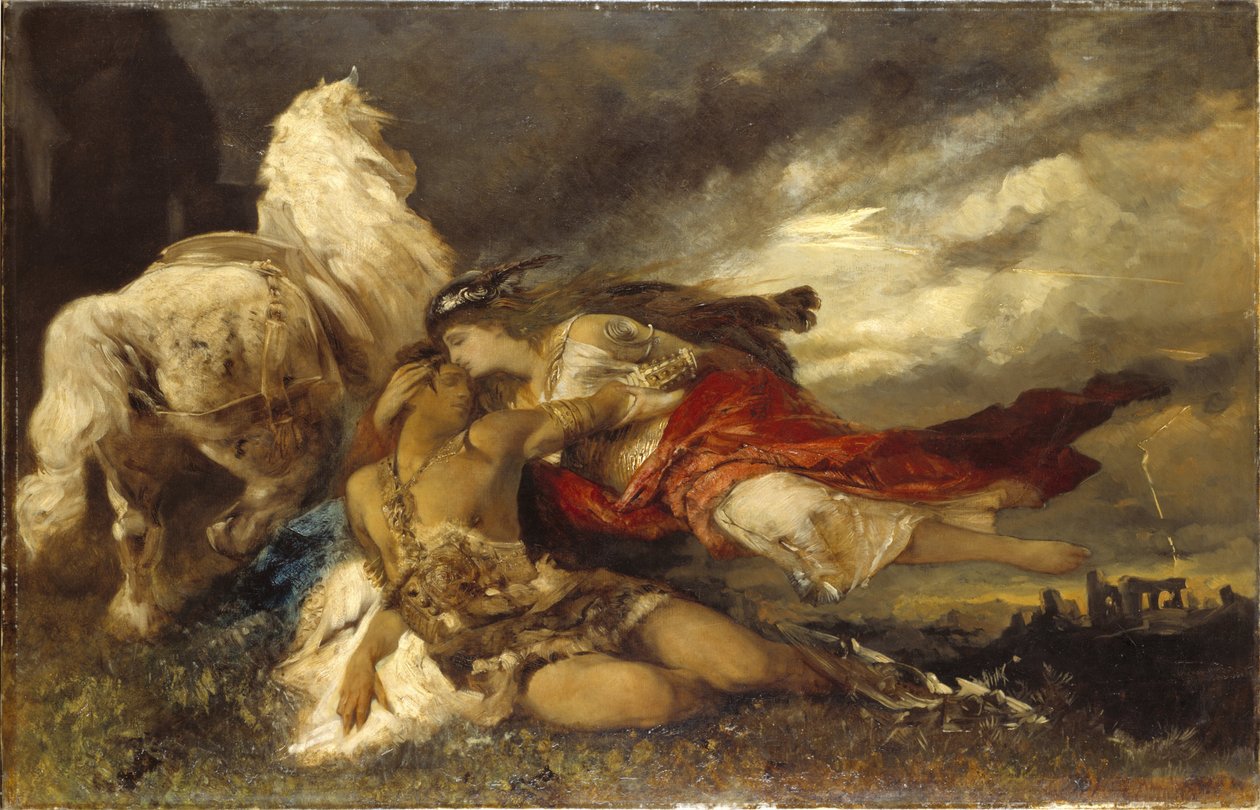 Valkyrie et un heros mourant - Valkyrie och en döende hjälte, av Makart, Hans (1840-1884). Olja på duk. Mått: 130x200 cm. Nationalmuseum Stockholm av Hans Makart