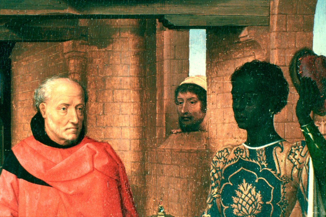 Tillbedjan av männen, Triptyk, Detalj, c1453-1494 av Hans Memling