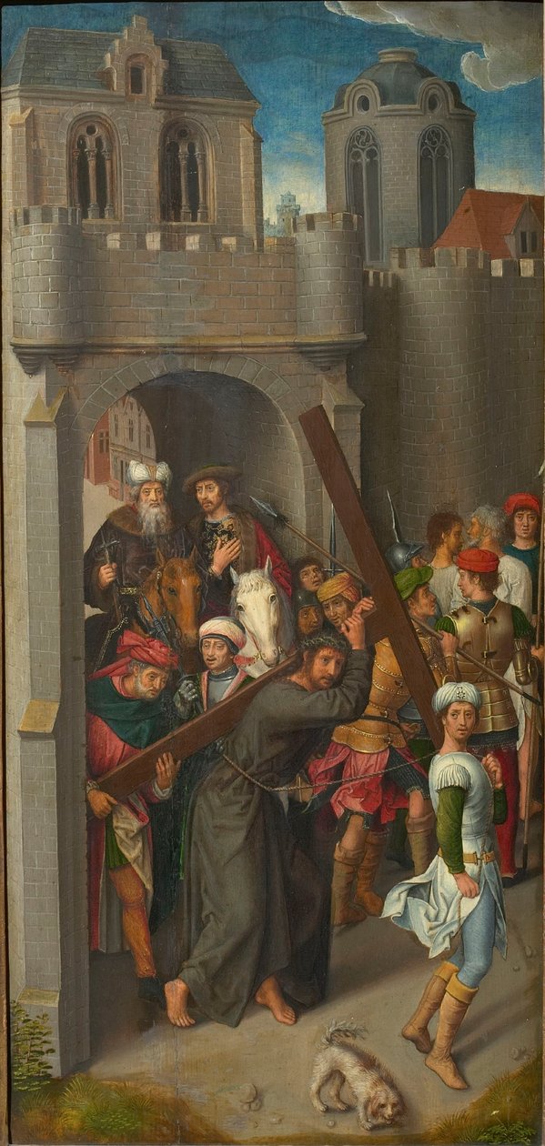 Golgata Triptyk: Kristus bär korset, vänster flygel, 1480-talet. av Hans Memling