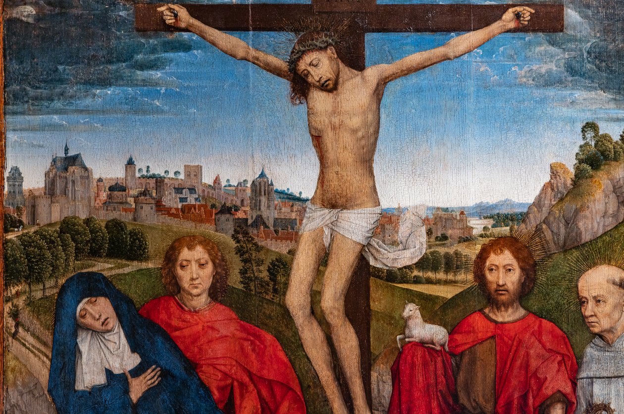 Korsfäst Kristus med jungfrun, Johannes Döparen och evangelisten, Maria Magdalena och två cistercienserabbotar, detalj av Hans Memling