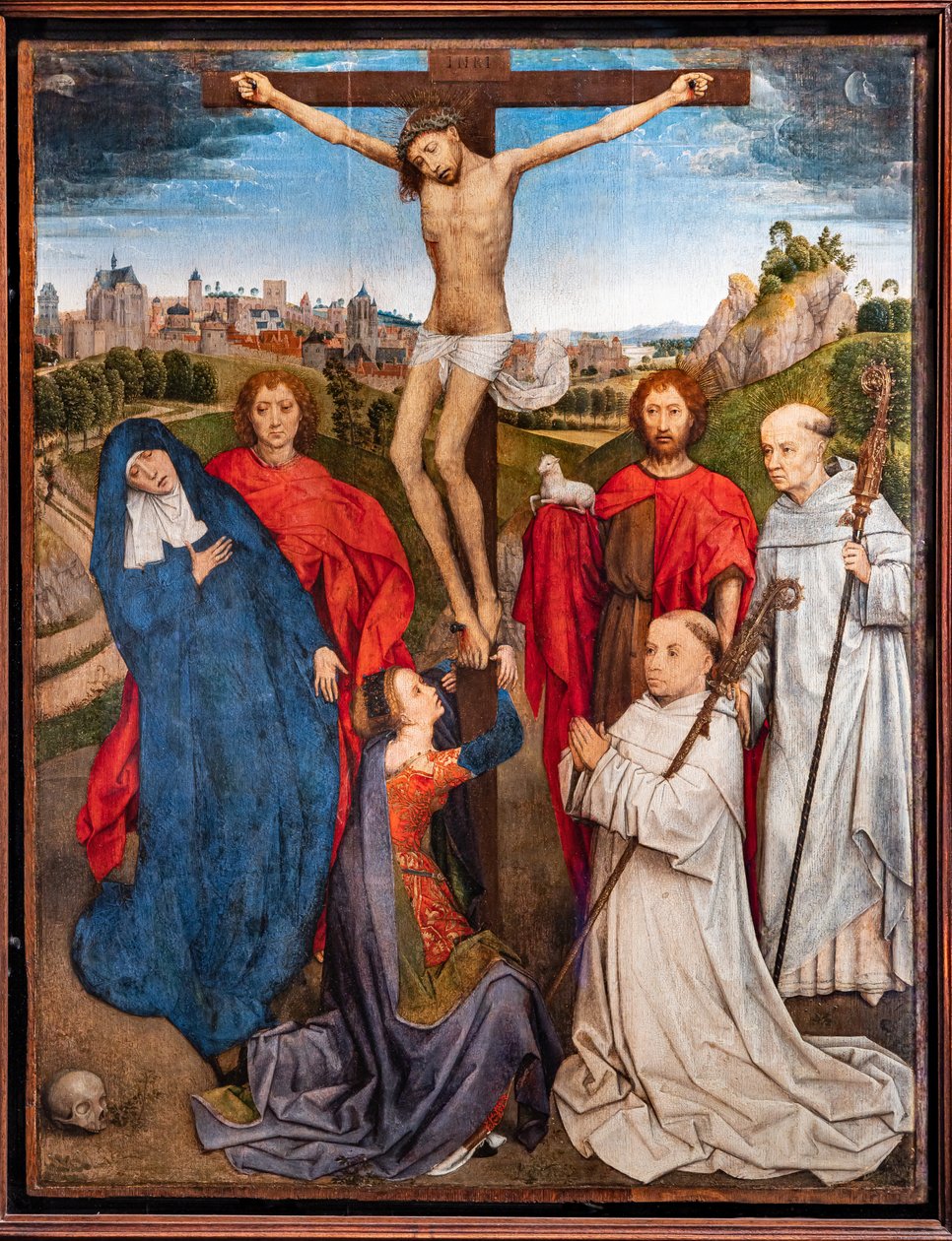 Den korsfäste Kristus med Jungfru Maria, Johannes Döparen och evangelisten, Maria Magdalena och två cisterciensabbotar av Hans Memling