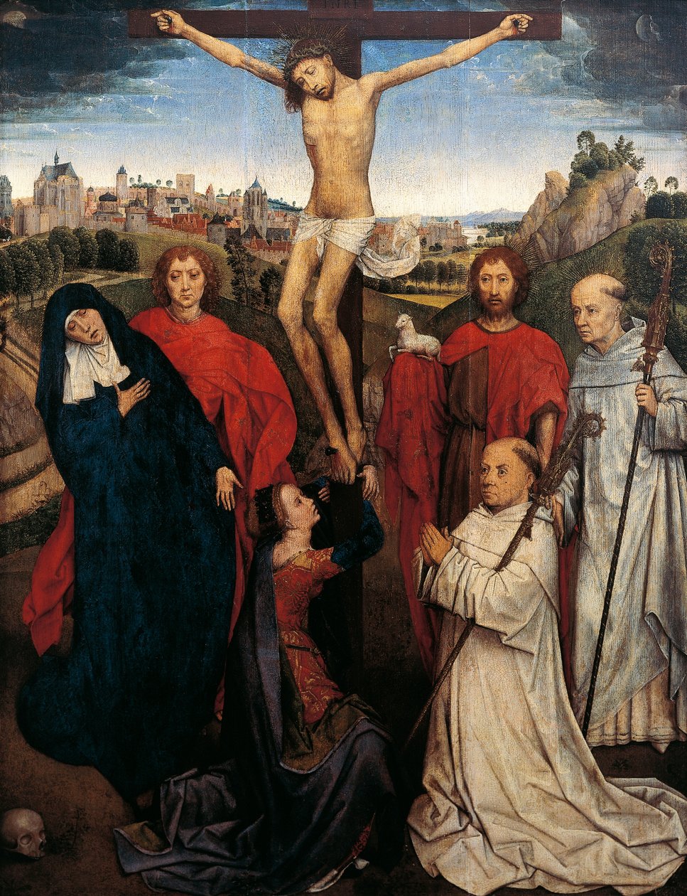Crucifixion, Central panel från The Triptych of Jan Crabbe, c.1470 av Hans Memling