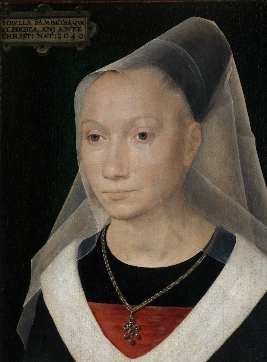 Detalj av porträtt av en ung kvinna av Hans Memling