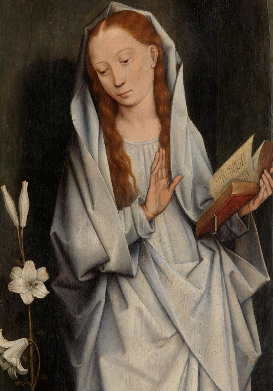 Detalj av Jungfrun, från baksidan av ett par vingar som visar bebådelsen (olja på panel) av Hans Memling