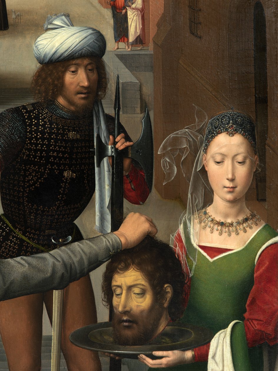 Detalj av den vänstra panelen av Triptyken av Johannes Döparen och Sankt Johannes evangelisten av Hans Memling