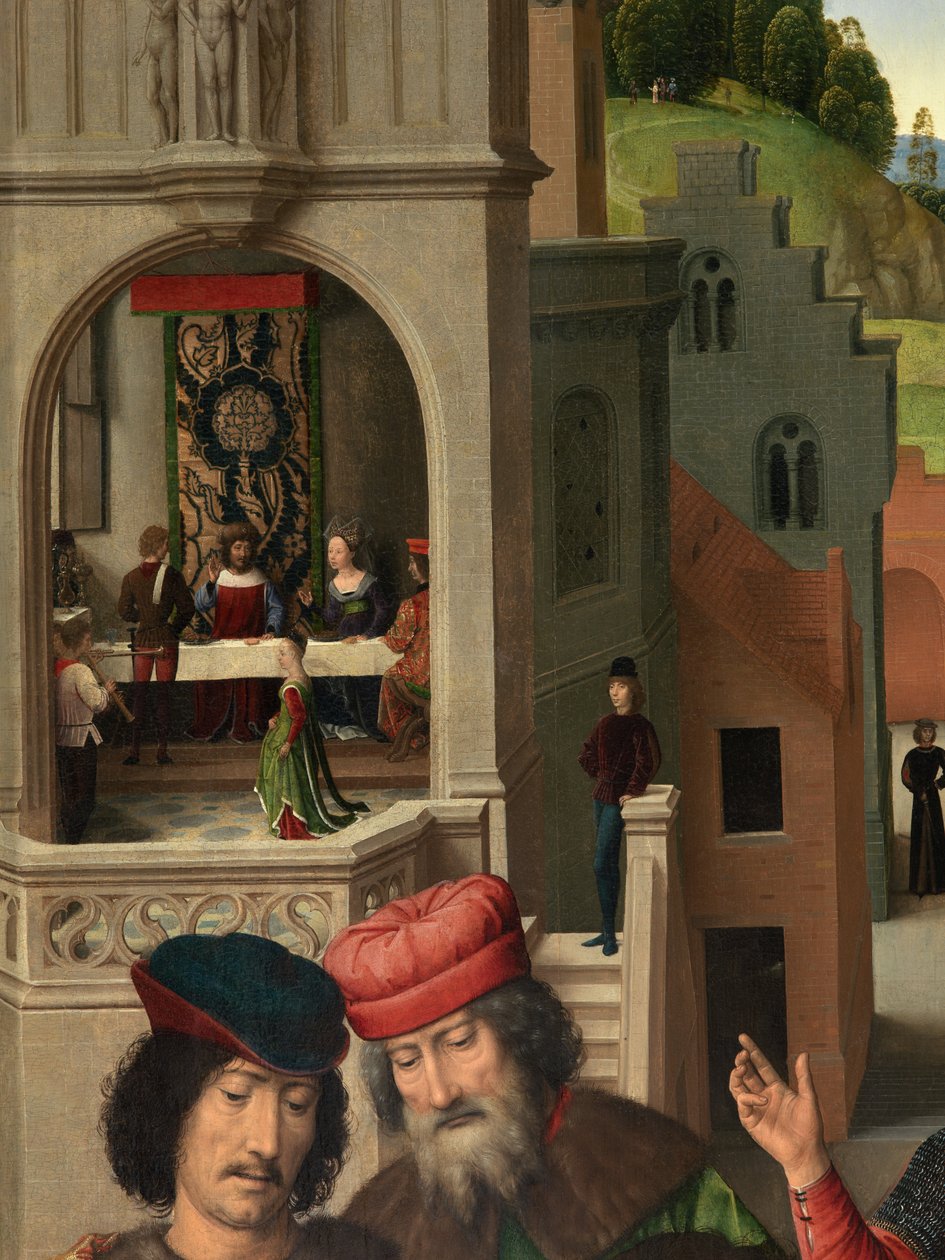 Detalj av den vänstra panelen av Triptyken av Johannes Döparen och Sankt Johannes evangelisten av Hans Memling