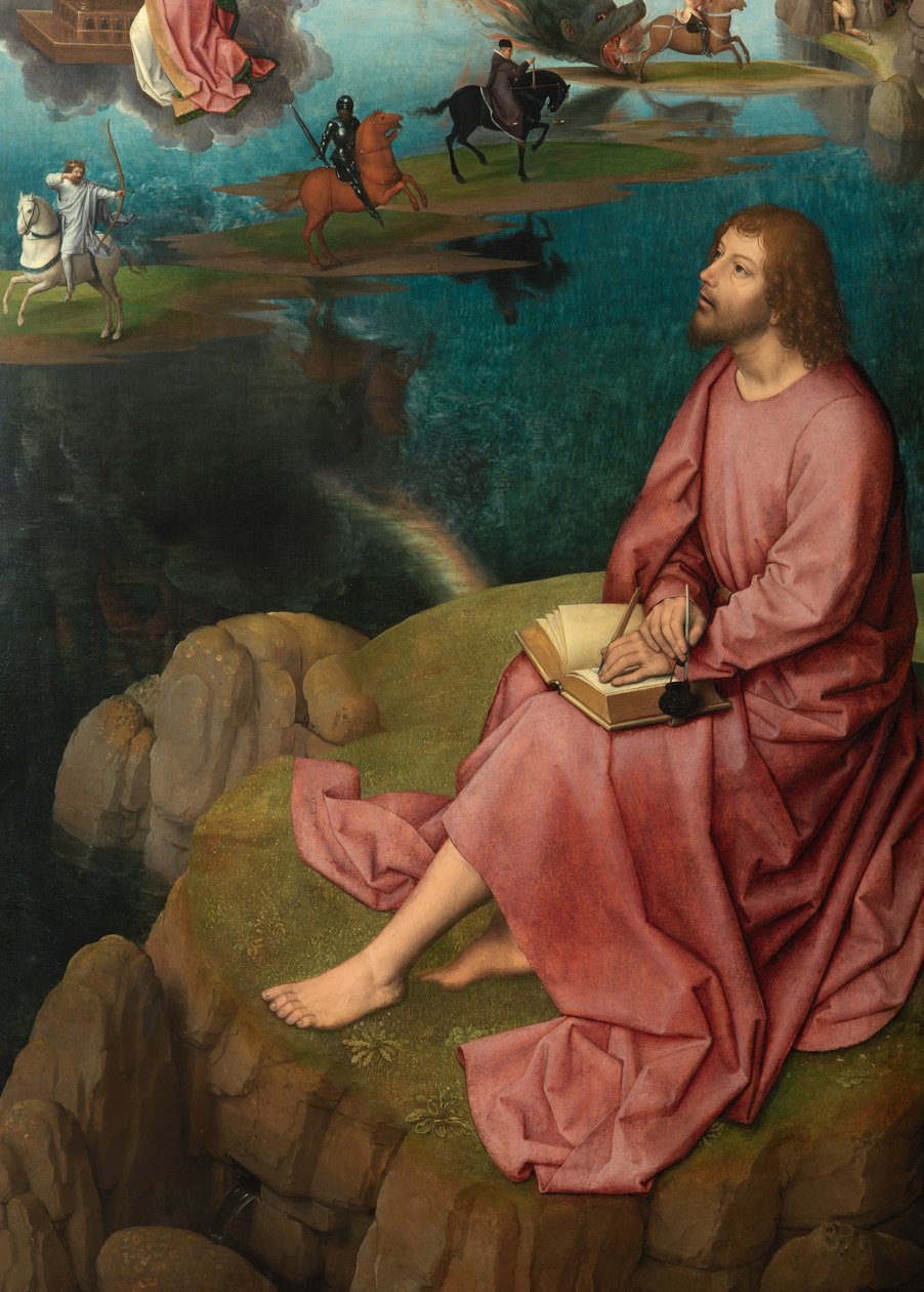 Detalj av den högra panelen av Triptyken av Johannes Döparen och Sankt Johannes evangelisten av Hans Memling
