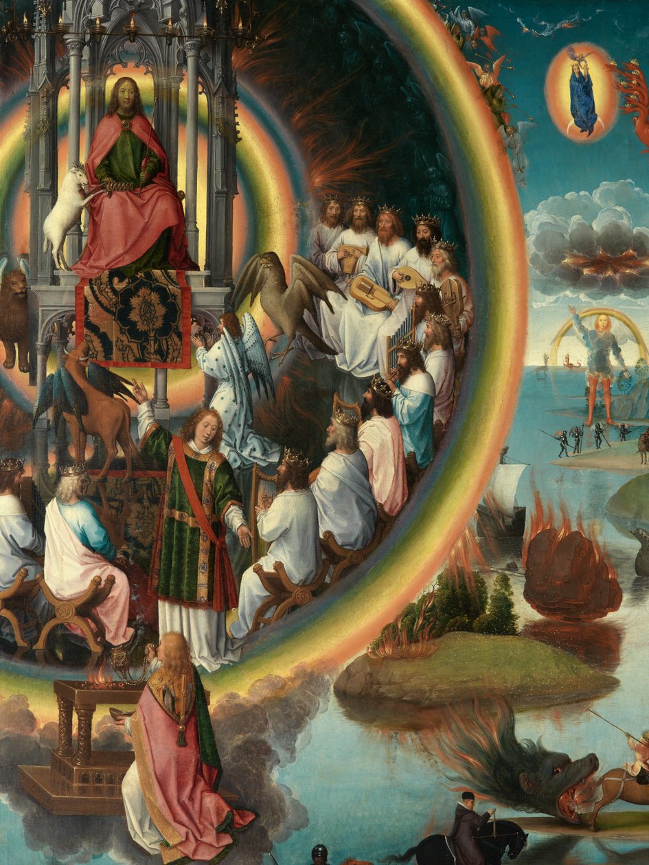 Detalj av den högra panelen av Triptyken av Johannes Döparen och Sankt Johannes evangelisten av Hans Memling