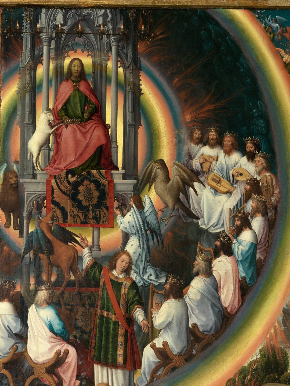 Detalj av den högra panelen av Triptyken av Johannes Döparen och Sankt Johannes evangelisten av Hans Memling