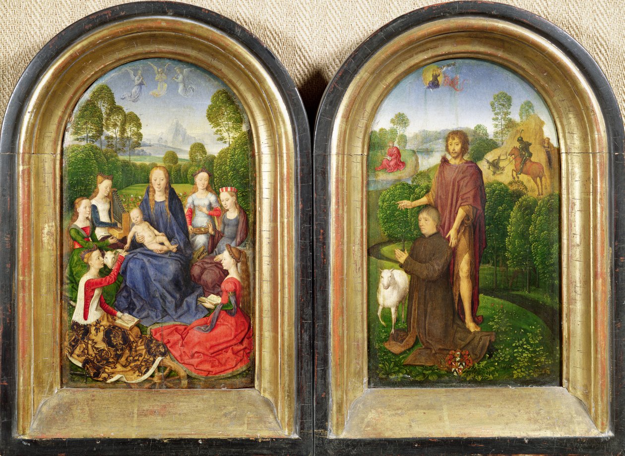 Diptyk av Jean du Cellier: Jungfrun och barnet med heliga och givaren presenterad av Johannes Döparen, ca 1490 av Hans Memling