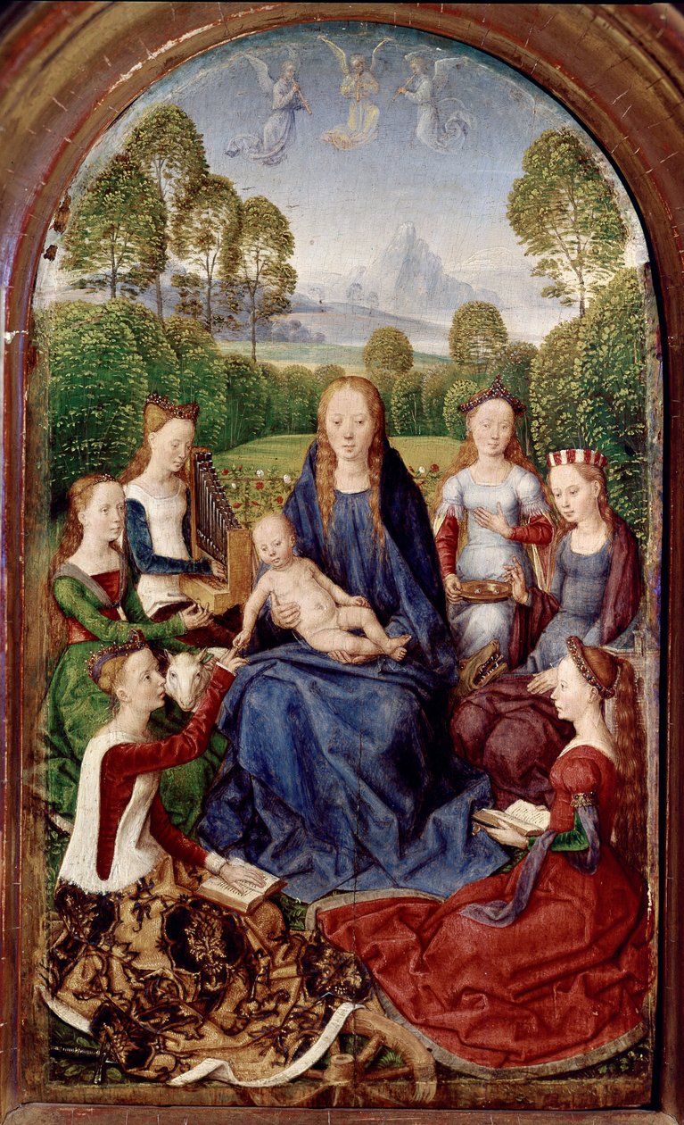 Diptyk av Jean du Cellier: Jungfru och sex helgon (olja på panel av Hans Memling