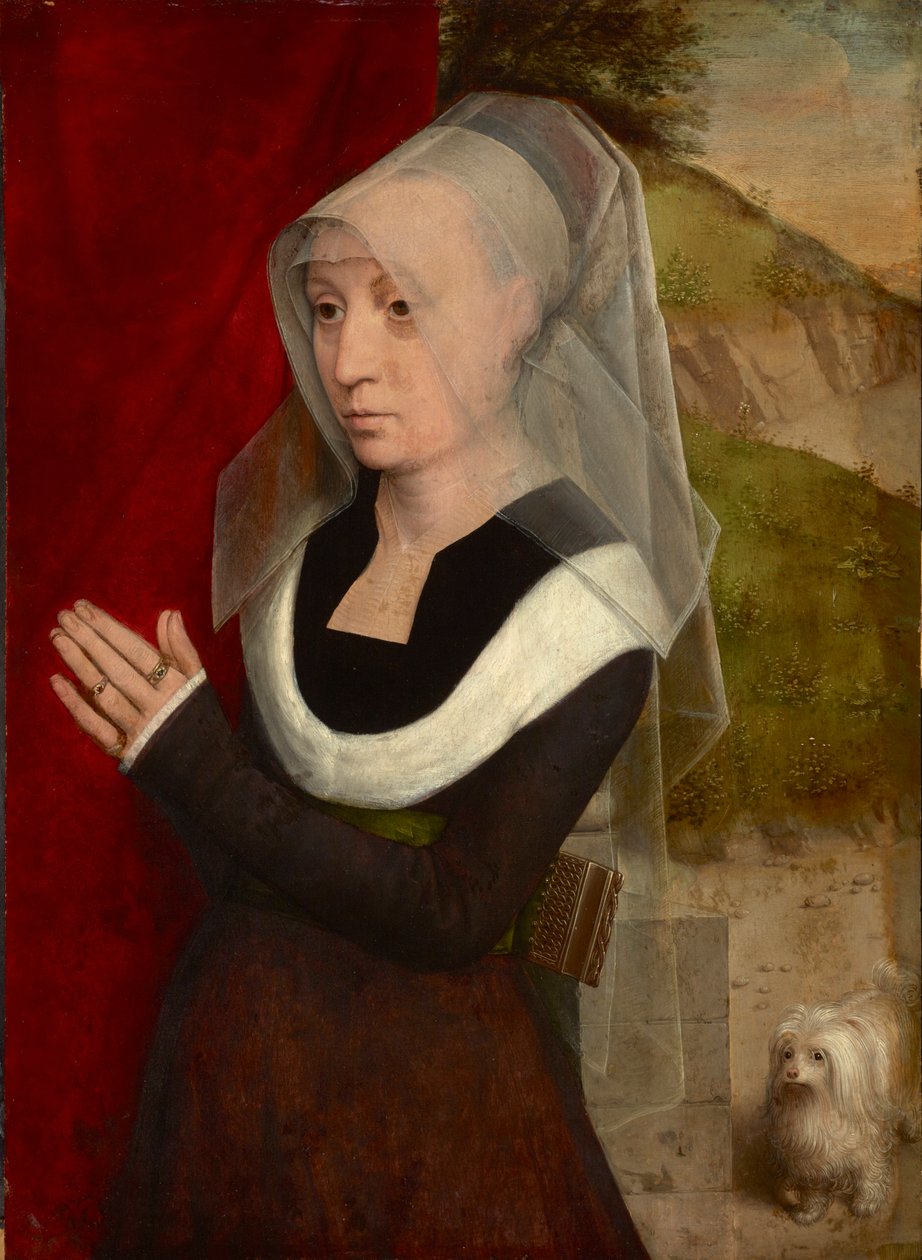Femme en priere avec son chien - Bedjande kvinna med sin hund, av Memling, Hans (1433/40-1494). Olja på trä av Hans Memling