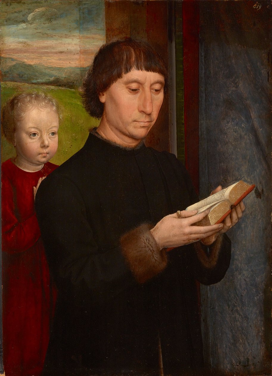 Homme en priere avec son fils defunt - Bedende man med sin avlidne son, av Memling, Hans (1433/40-1494). Olja på trä av Hans Memling
