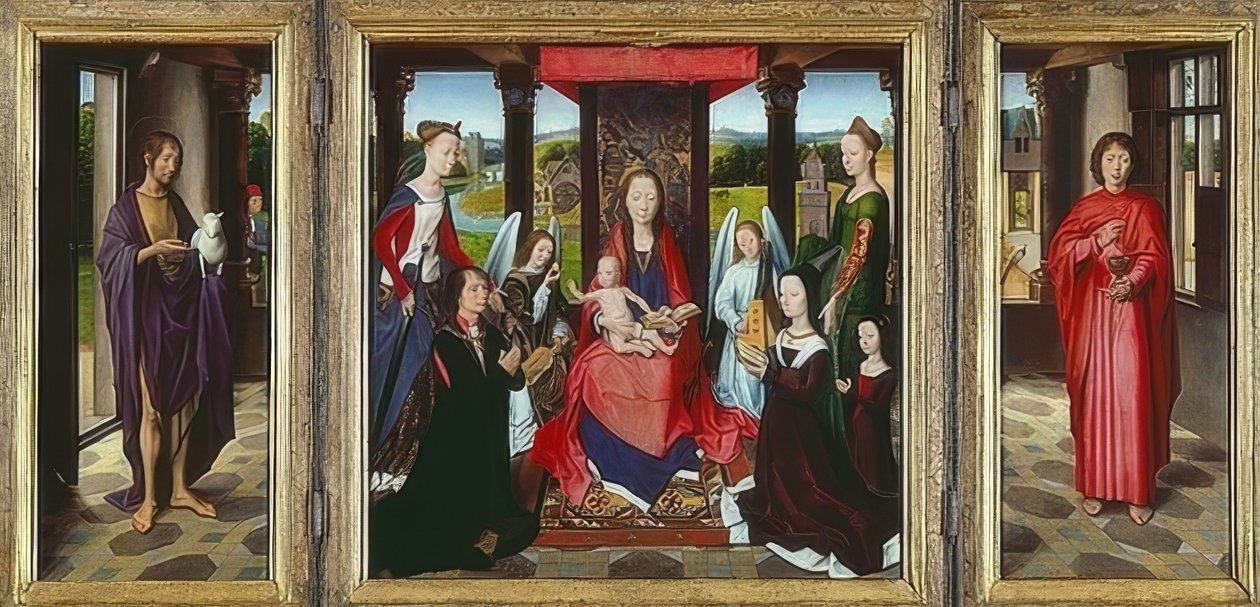 Jungfru med barn och heliga (The Donne Triptych). Omkring 1478 av Hans Memling