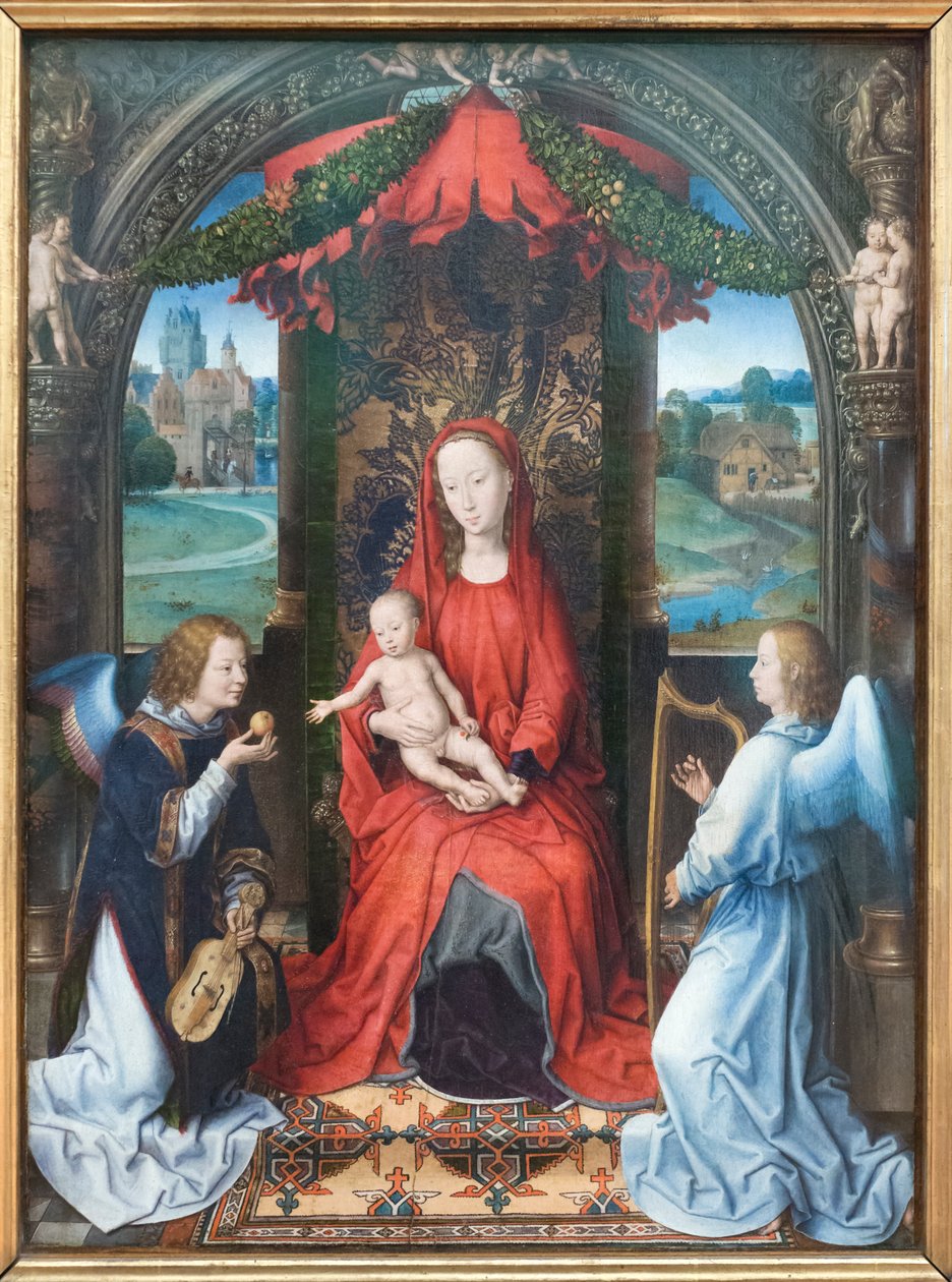 Madonna och barn tronar med änglar av Hans Memling