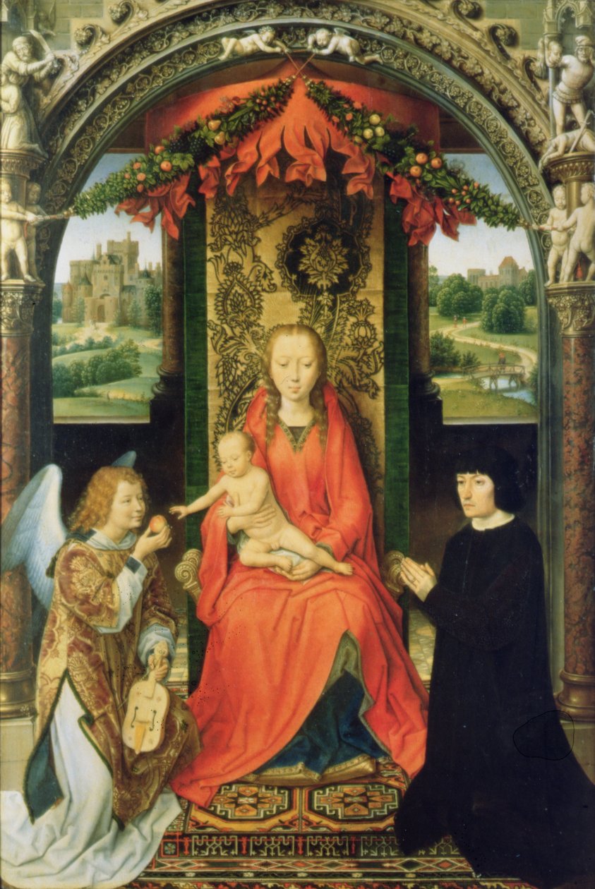 Madonna och barn med donatorer och en ängel, mittpanel av en triptyk, 1485-90 (panel) av Hans Memling