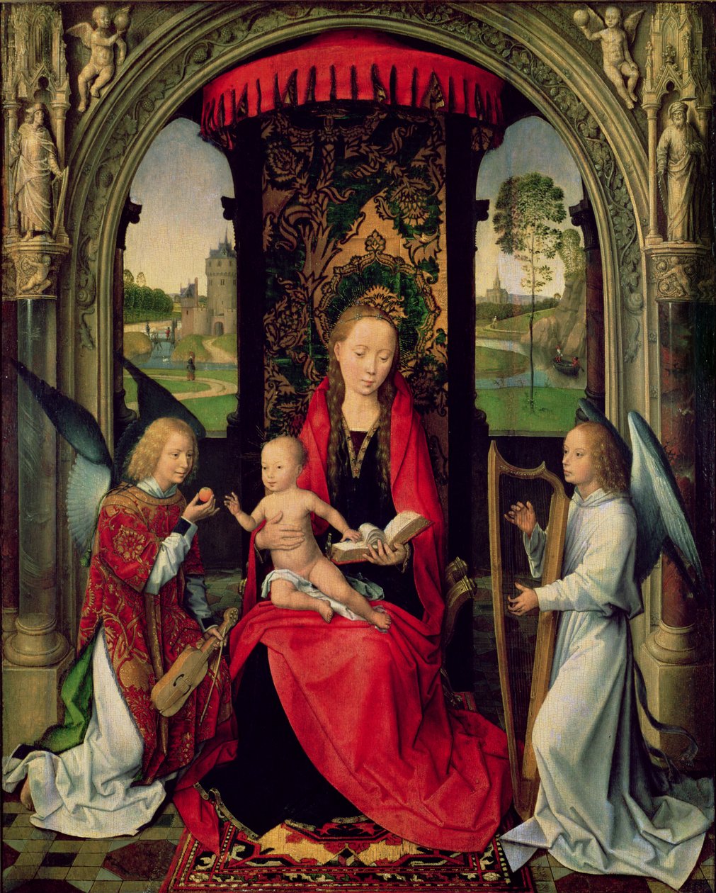 Madonna och barn med två änglar (olja på panel) av Hans Memling