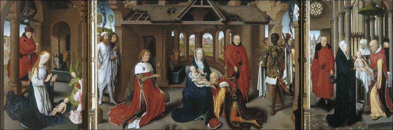 Nativity. Tillbedjan av Magi. Presentationen av Jesus vid templet, 1479-1480 av Hans Memling