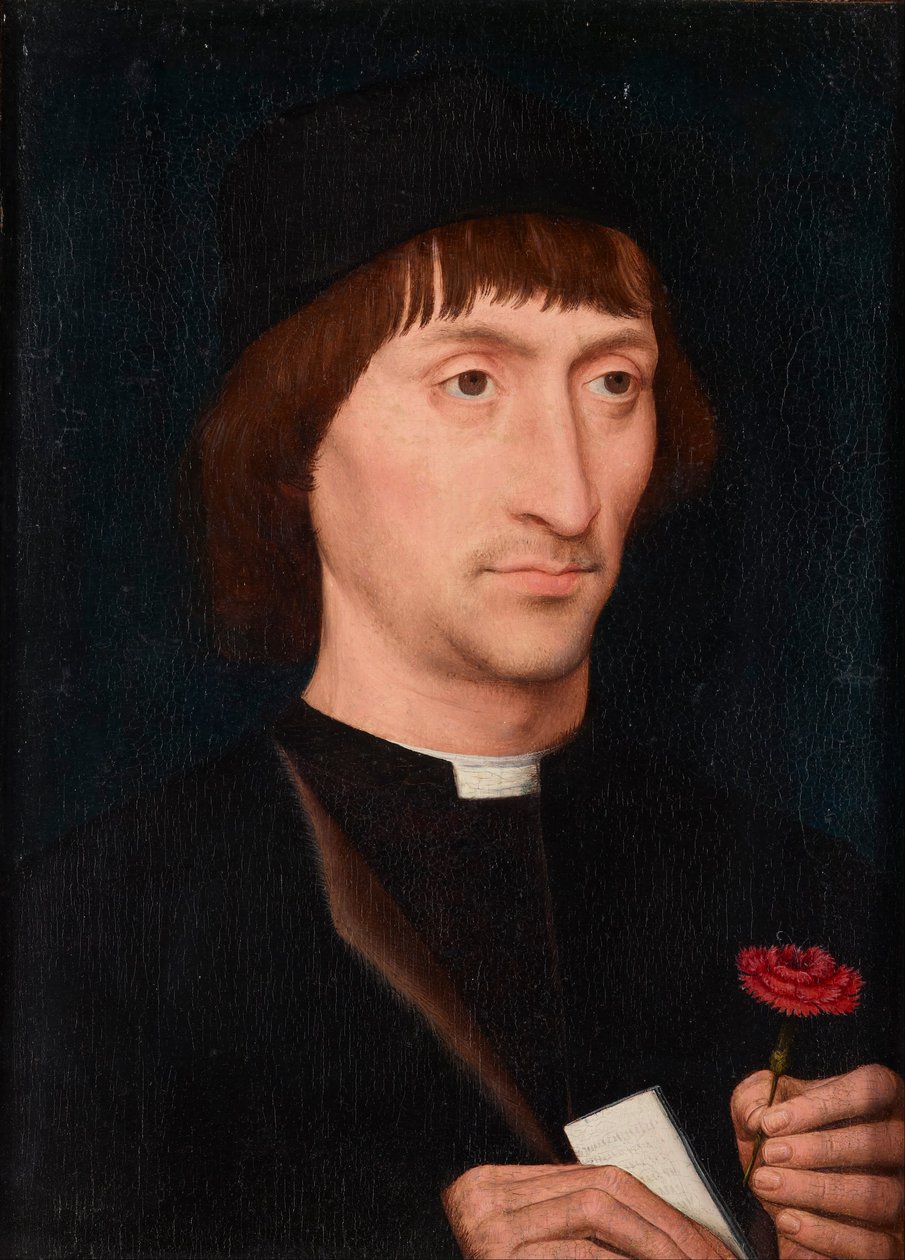 Porträtt av en man med en rosa av Hans Memling