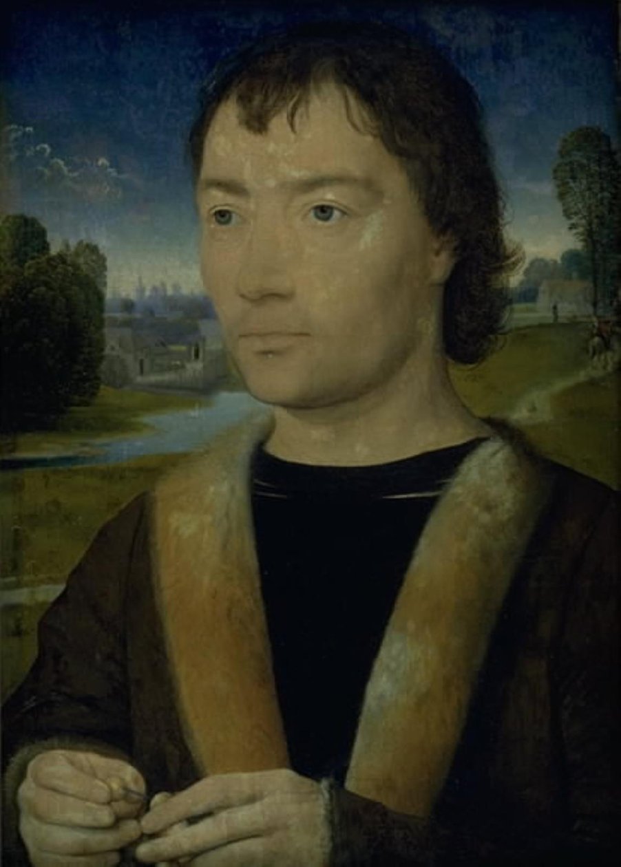 Porträtt av en ung man med en radband av Hans Memling