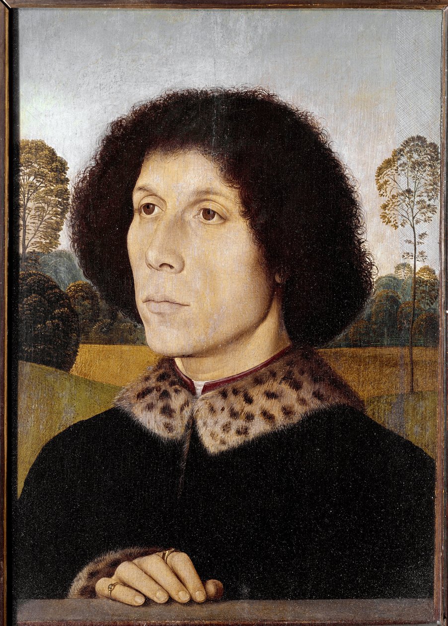 Porträtt av en okänd man i ett landskap (olja på trä av Hans Memling