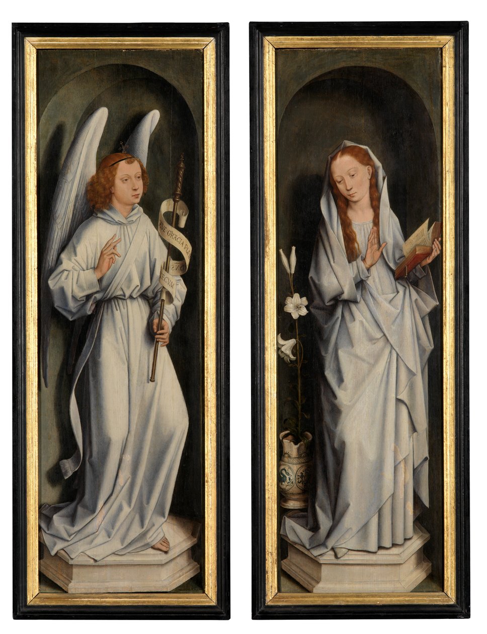 Baksidan av ett par vingar som visar tillkännagivandet (olja på panel) av Hans Memling