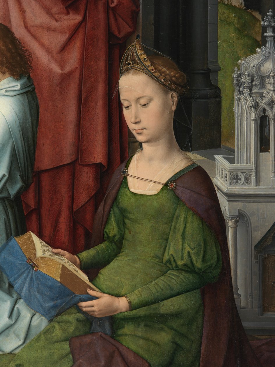 St. Barbara, detalj av centralpanelen i Triptyken av Johannes Döparen och Sankt Johannes evangelisten av Hans Memling