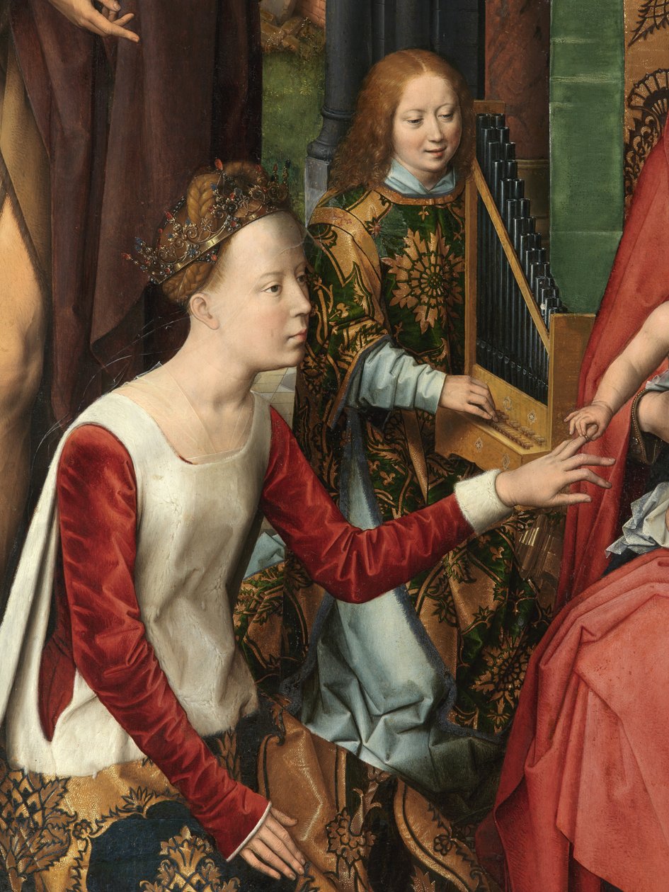St. Catherine, detalj av den centrala panelen i Triptyken av Johannes Döparen och Sankt Johannes evangelisten av Hans Memling