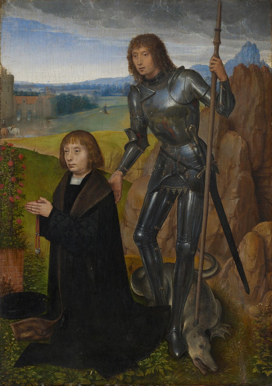 En av delarna i ett diptyk: Sankt Georg med donatorn
(Ytterpanelen har avskilts; se inv. nr. 1401) av Hans Memling
