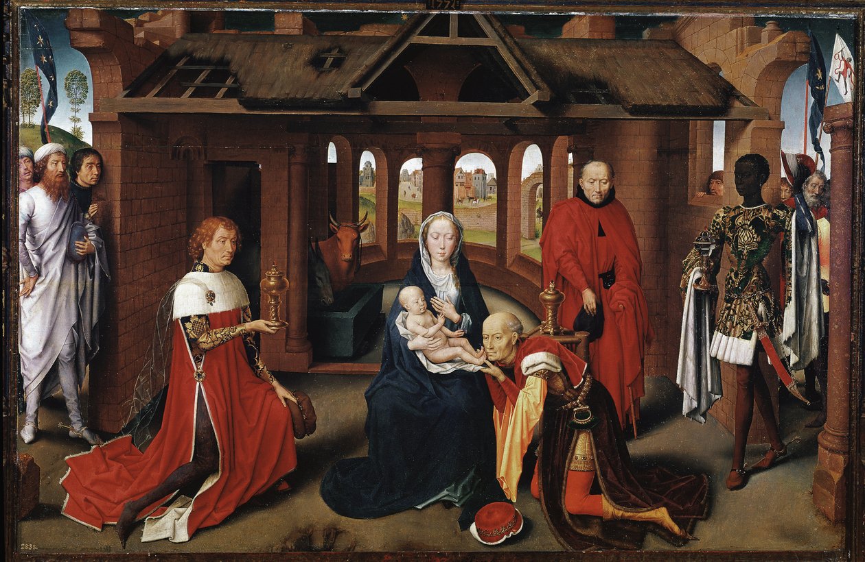 Magi som Charles the Temerary och Philip the Good. Centralpanel av tillbedjan av männen (Detrempe på trä av Hans Memling