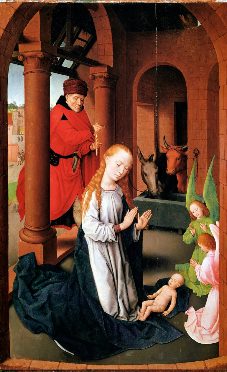 Födelsekyrkan. Vänster panel av tillbedjans triptyk (Detrempe på trä, ca 1470) av Hans Memling