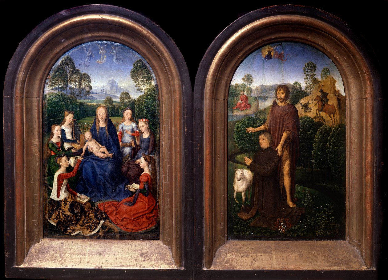 Jungfrun och barnet omgiven av Saintes, givaren och Johannes döparen Diptyk - Målning av Hans Memling (1435-1494) (ec flam) 1400-talets Paris, Louvren av Hans Memling