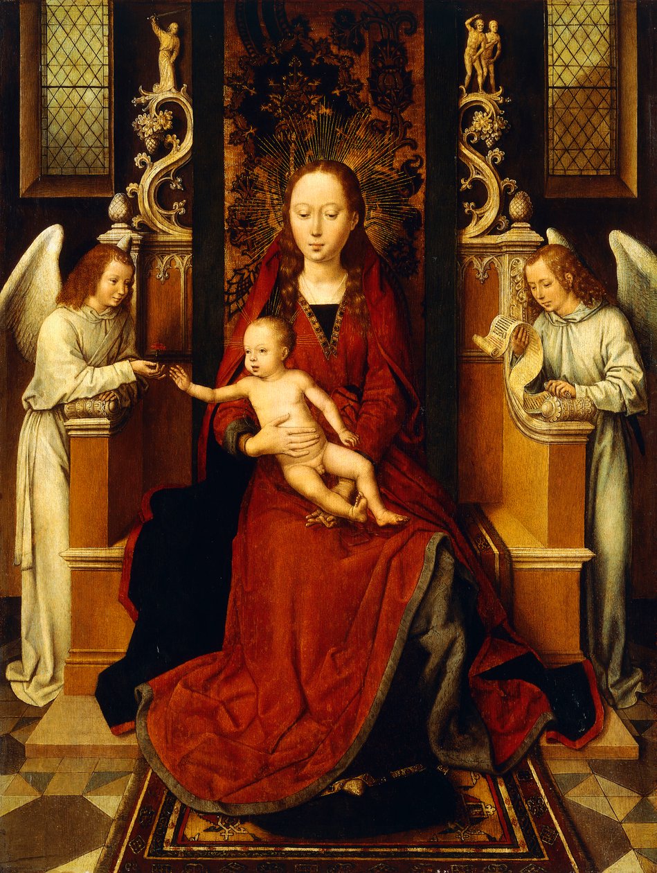Jungfrun och barnet tronade med två änglar, av Hans Memling